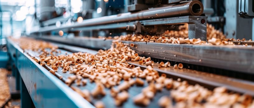 A close-up view of wooden shavings collected on a conveyor belt, showcasing the byproducts of a woodworking process. The texture and abundance of the shavings in a manufacturing setting