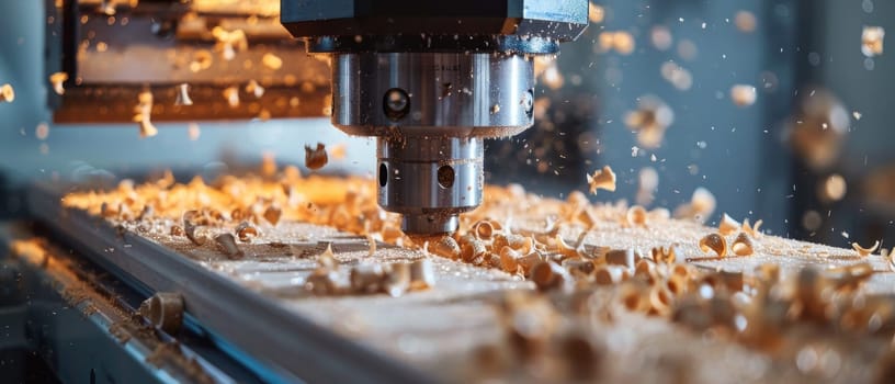 A CNC machine actively carves into a wooden surface, with flying wood shavings illustrating the intensity of the woodworking process. The scene captures both the precision and dynamism of carpentry