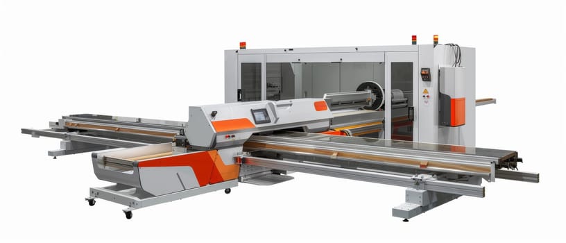 A state-of-the-art panel saw machine, showcasing a sleek design with orange and grey accents, ready to precision-cut large wood panels