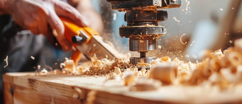 Action shot of a CNC machine carving a wooden surface, with wood shavings highlighting the precision and skill involved in the process