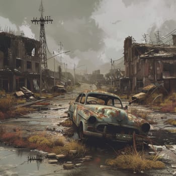 Artistic rendering of a post-apocalyptic urban landscape, featuring a decaying car and desolate buildings, evoking a sense of abandonment and decay