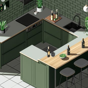 Top view of a modern green kitchen interior with built-in appliances, wooden countertop, bar stools, and decorative plants