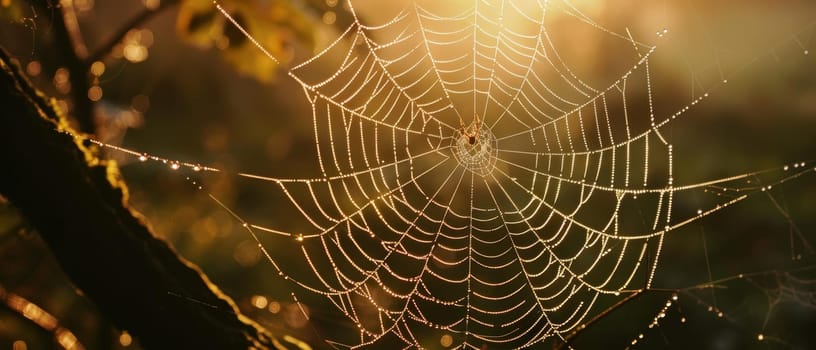 A dew-kissed spider web glistens in the golden morning light, showcasing nature's intricate design and beauty
