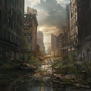 A visually striking image of an overgrown post-apocalyptic city with nature reclaiming the space, highlighting themes of desolation and resilience