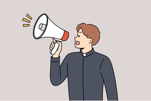 Man shepherd shouts into megaphone, announcing start of religious sermon in catholic religious church. Guy dressed as catholic clergyman is trying to attract new followers of christianity.