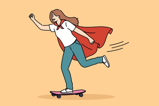 Woman in superhero cape uses skateboard to move around city and reach people in need of help. Girl feels like hero with superpowers when using skateboard to go to university or work