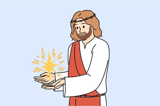 Jesus demonstrates miracle after second coming, dressed in crown of thorns and ancient vestments. Male christian prophet similar to jesus from bible appeared on earth according to religious prophecy