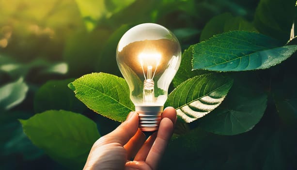 hand holding light bulb against nature on green leaf with energy sources sustainable developmen and responsible environmental energy sources for renewable ecology concept