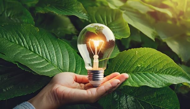 hand holding light bulb against nature on green leaf with energy sources sustainable developmen and responsible environmental energy sources for renewable ecology concept