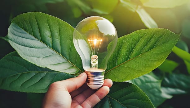 hand holding light bulb against nature on green leaf with energy sources sustainable developmen and responsible environmental energy sources for renewable ecology concept