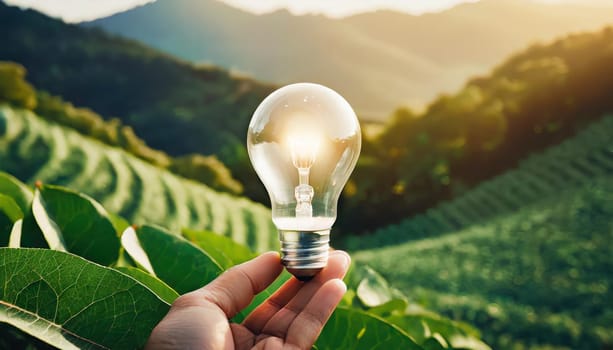 hand holding light bulb against nature on green leaf with energy sources sustainable developmen and responsible environmental energy sources for renewable ecology concept