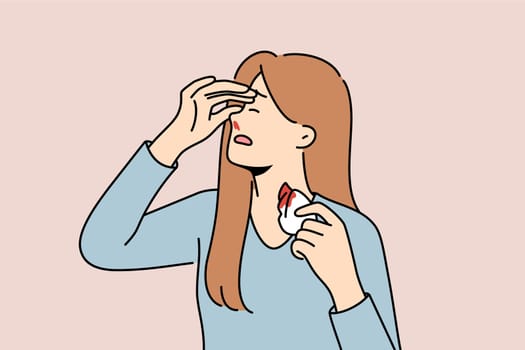 Woman nosebleed is caused by high blood pressure or magnetic storms that affect health. Girl with handkerchief and nosebleed became victim of domestic violence and beating from husband