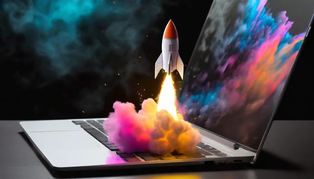Futuristic rocket ship take off launching from sleek silver laptop