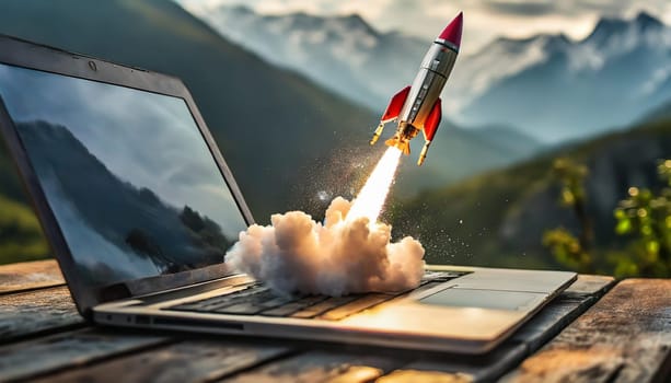 Futuristic rocket ship take off launching from sleek silver laptop