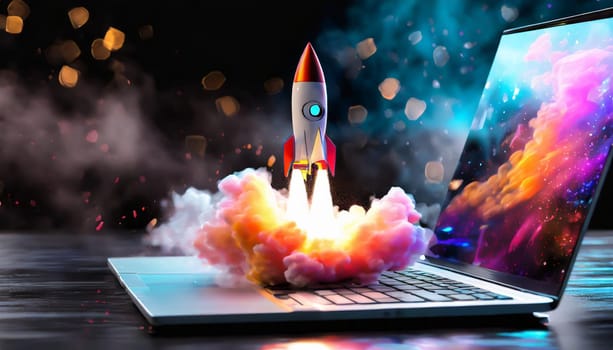 Futuristic rocket ship take off launching from sleek silver laptop