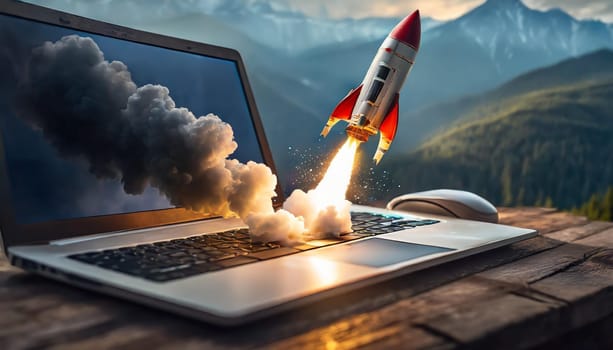 Futuristic rocket ship take off launching from sleek silver laptop