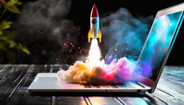 Futuristic rocket ship take off launching from sleek silver laptop