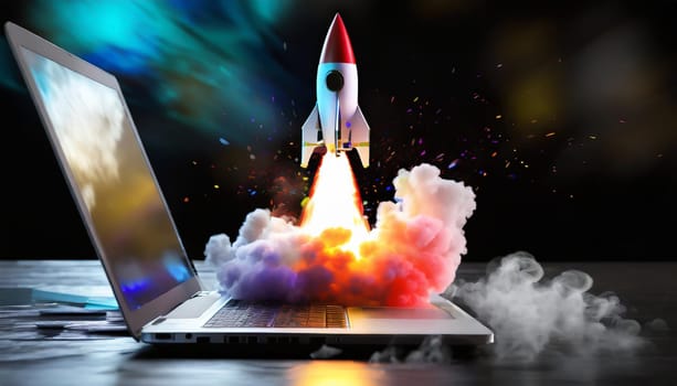 Futuristic rocket ship take off launching from sleek silver laptop