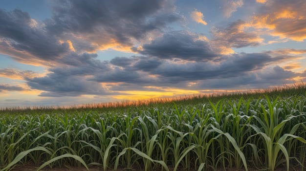 Cornfield in the evening sunset. Generative AI