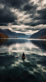 Kayaker kayaking on a lake, around mountains beautiful clouds, drone picture. Generative AI