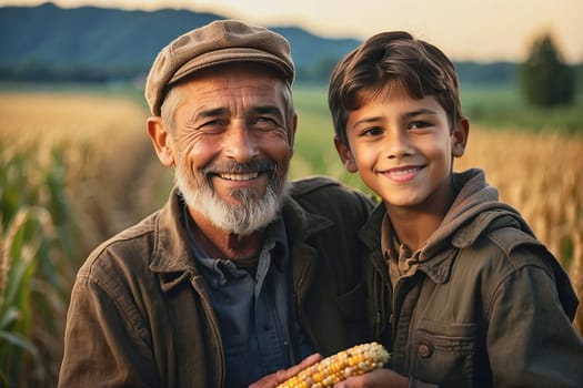 Farmer grandfather smiles and shows grandson the corn. Agricultural concept. Generative AI