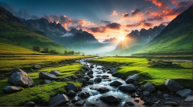 Beautiful sunrise landscape with high mountain peaks next to small stream. Dark mode colors. Generated AI
