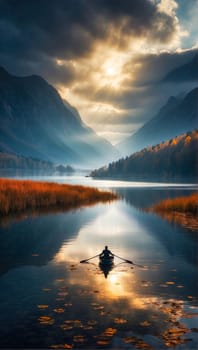 Kayaker kayaking on a lake, around mountains beautiful clouds, drone picture. Generative AI