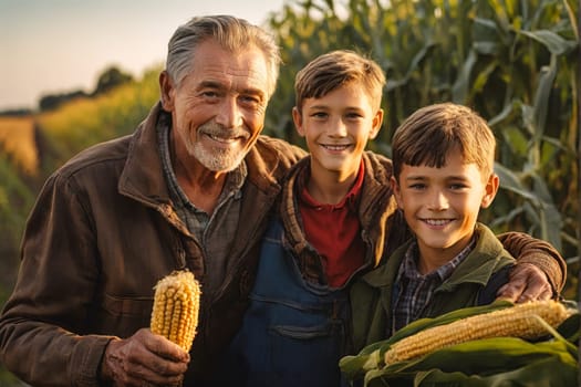 Farmer grandfather smiles and shows grandsons the corn. Agricultural concept. Generative AI