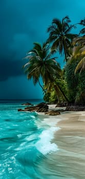 tropical beach view at cloudy stormy night with white sand, turquoise water and palm trees. Neural network generated image. Not based on any actual scene or pattern.