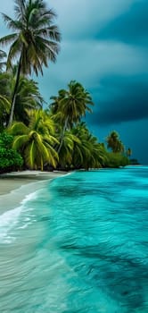 tropical beach view at cloudy stormy day with white sand, turquoise water and palm trees. Neural network generated image. Not based on any actual scene or pattern.
