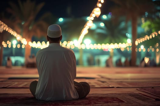 Muslim prayer in white clothes sitting at Ramadan night with selective focus. Neural network generated in January 2024. Not based on any actual scene or pattern.