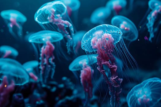 glowing sea jellyfishes on dark background, neural network generated art. Neural network generated in January 2024. Not based on any actual scene or pattern.