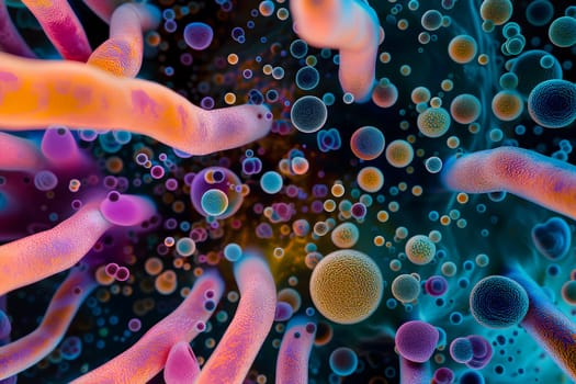 Diverse colorful abstract microbiome, containing many different types of microorganisms. Neural network generated in January 2024. Not based on any actual scene or pattern.
