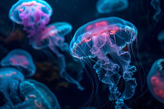 glowing sea jellyfishes on dark background, neural network generated art. Neural network generated in January 2024. Not based on any actual scene or pattern.