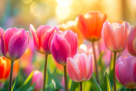 Beautiful Spring Nature background with tulip Flowers, selective focus. Vivid colors. Neural network generated in January 2024. Not based on any actual scene or pattern.