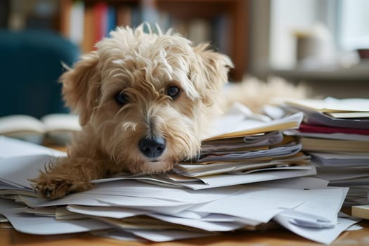 dog in an office, overwhelmed by a mountains of paperwork. Neural network generated in January 2024. Not based on any actual scene or pattern.