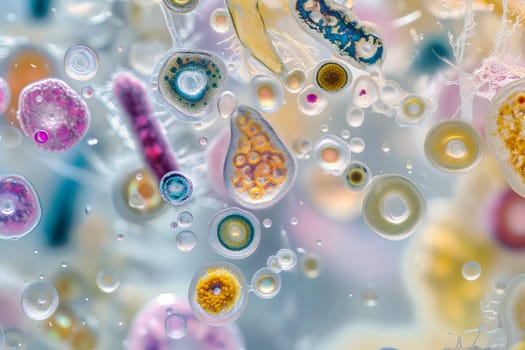 Diverse colorful abstract microbiome, containing many different types of microorganisms. Neural network generated in January 2024. Not based on any actual scene or pattern.