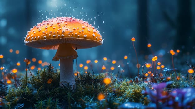 Magical mushroom in fantasy enchanted fairy tale forest. Neural network generated in January 2024. Not based on any actual scene or pattern.