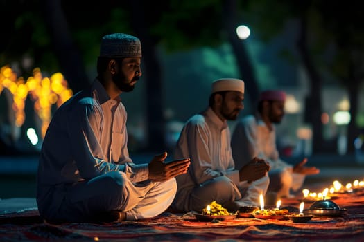 Muslim prayers in white clothes sitting in front of mosque at Ramadan night with selective focus. Neural network generated in January 2024. Not based on any actual scene or pattern.