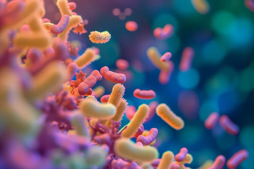 Diverse colorful abstract microbiome, containing many different types of microorganisms. Neural network generated in January 2024. Not based on any actual scene or pattern.