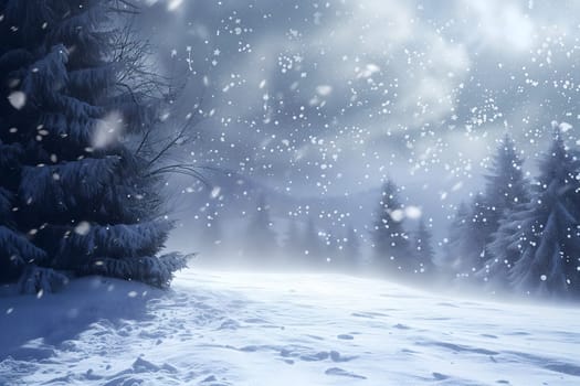 Snowfall at spruce forest at day time. Neural network generated in January 2024. Not based on any actual scene or pattern.