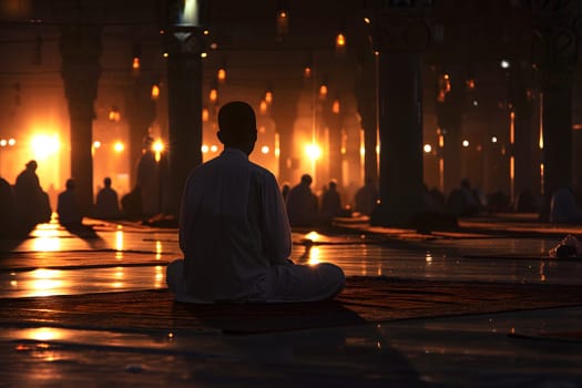 Muslim prayer in white clothes sitting in a mosque at Ramadan night with selective focus. Neural network generated in January 2024. Not based on any actual scene or pattern.