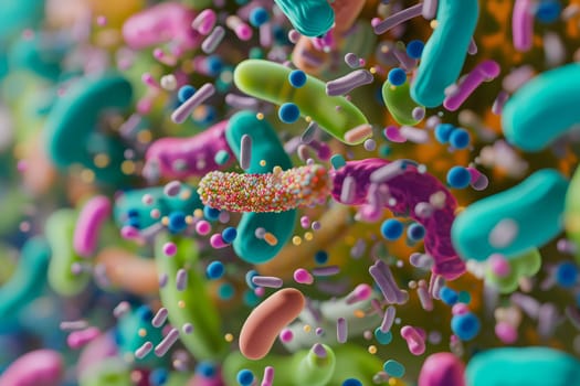Diverse colorful abstract microbiome, containing many different types of microorganisms. Neural network generated in January 2024. Not based on any actual scene or pattern.
