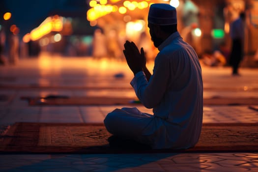 Senior Muslim prayer in white clothes sitting in front of mosque at Ramadan night with selective focus. Neural network generated in January 2024. Not based on any actual scene or pattern.