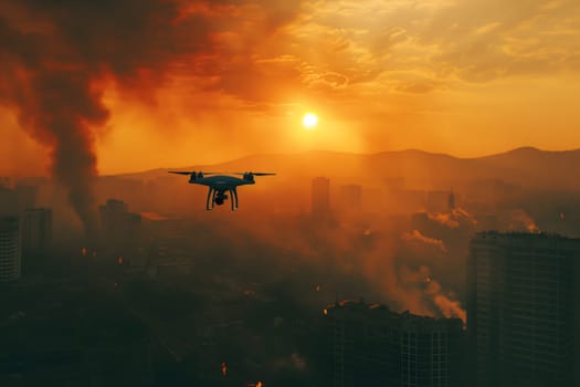 Copter drone over burning city at sunset or sunrise. Neural network generated image. Not based on any actual scene or pattern.