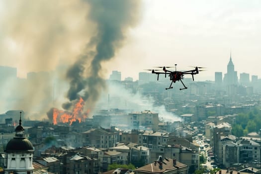Copter drone over city with smoke. Neural network generated image. Not based on any actual scene or pattern.