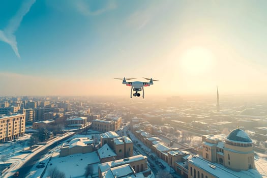 Flying drone above the city at snowy winter morning. Neural network generated image. Not based on any actual scene or pattern.
