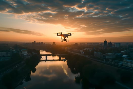 Flying drone above the city river at summer morning. Neural network generated image. Not based on any actual scene or pattern.
