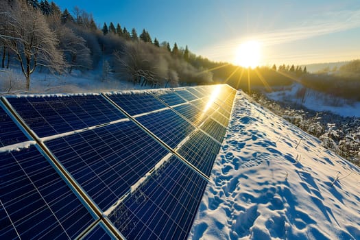 Photovoltaic solar panels in the field at winter sunset or sunrise. Neural network generated in January 2024. Not based on any actual scene or pattern.