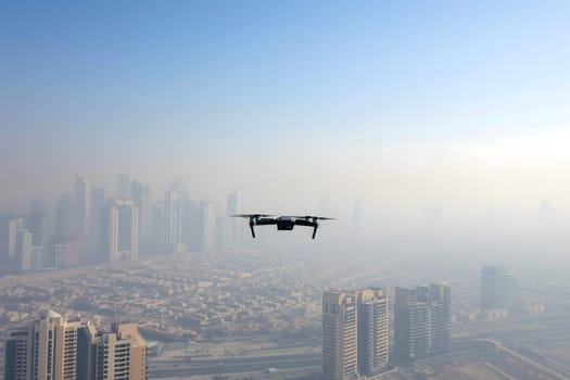 Flying drone above the city at summer morning. Neural network generated image. Not based on any actual scene or pattern.